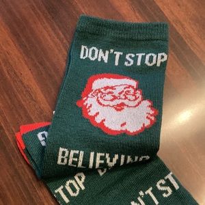 Santa 🌲 NWT don’t stop believin pun punny socks Christmas socks 🎅🏼
